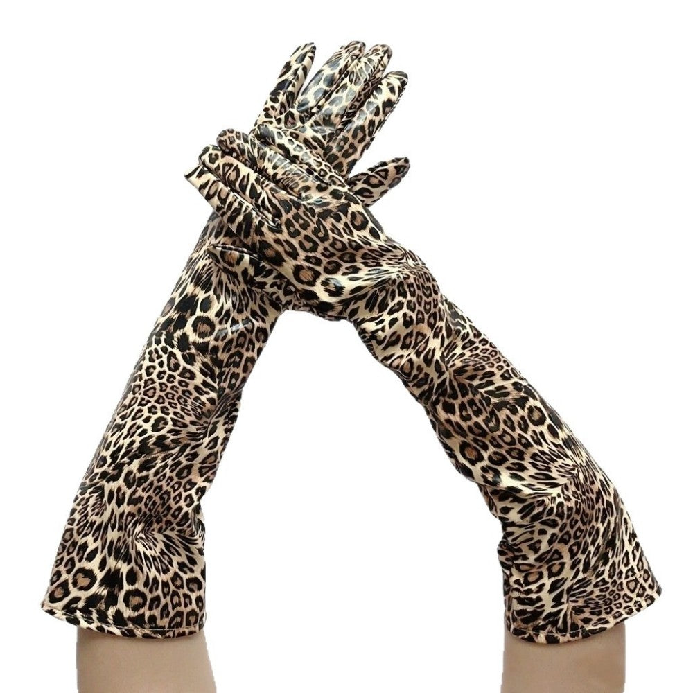 Long Leopard Print Faux PU Leather Gloves for Cosplay and Halloween Stage Show