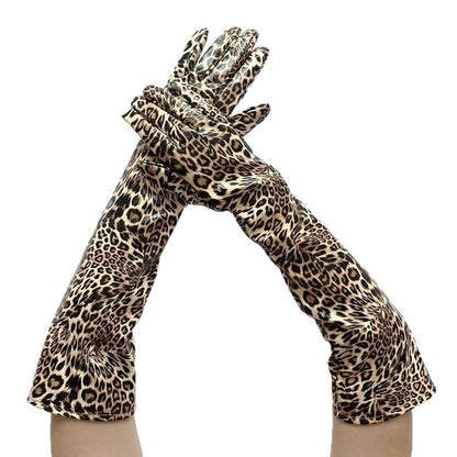 Long Leopard Print Faux PU Leather Gloves for Cosplay and Halloween Stage Show