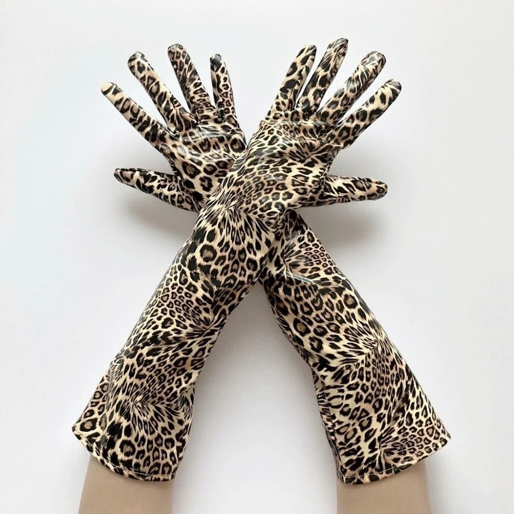 Long Leopard Print Faux PU Leather Gloves for Cosplay and Halloween Stage Show