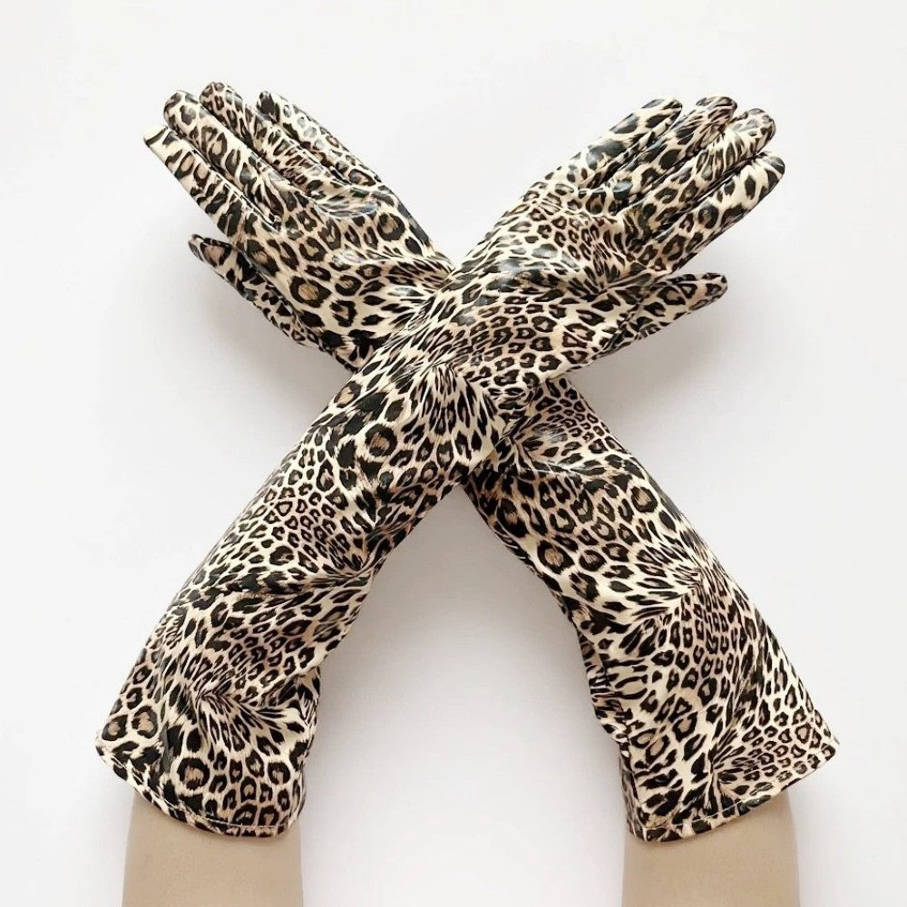 Long Leopard Print Faux PU Leather Gloves for Cosplay and Halloween Stage Show