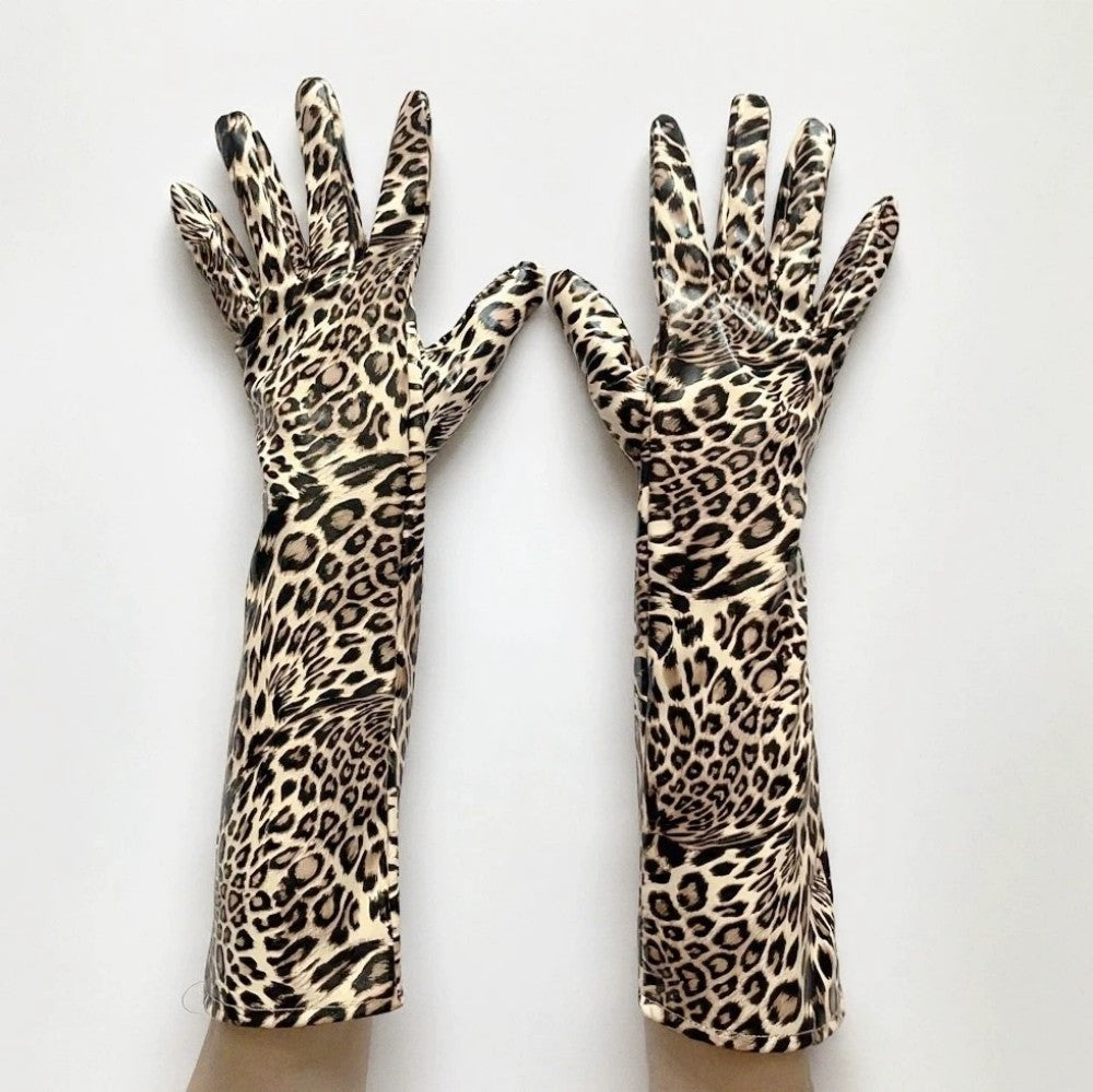 Long Leopard Print Faux PU Leather Gloves for Cosplay and Halloween Stage Show
