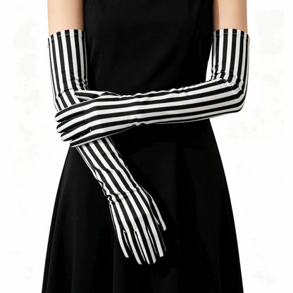 Long Black and White Striped Stretch Gloves for Halloween Cosplay and Stage Part