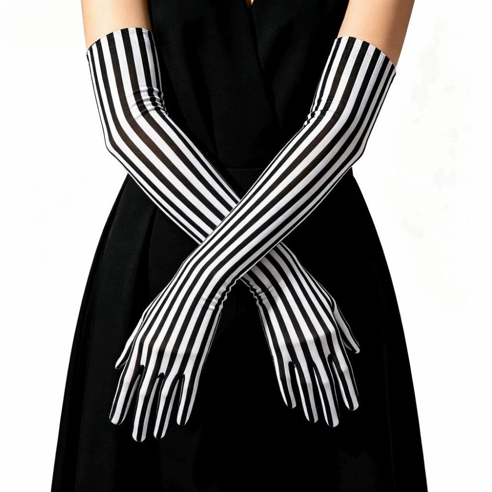 Long Black and White Striped Stretch Gloves for Halloween Cosplay and Stage Part