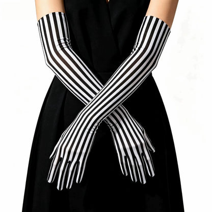 Long Black and White Striped Stretch Gloves for Halloween Cosplay and Stage Part