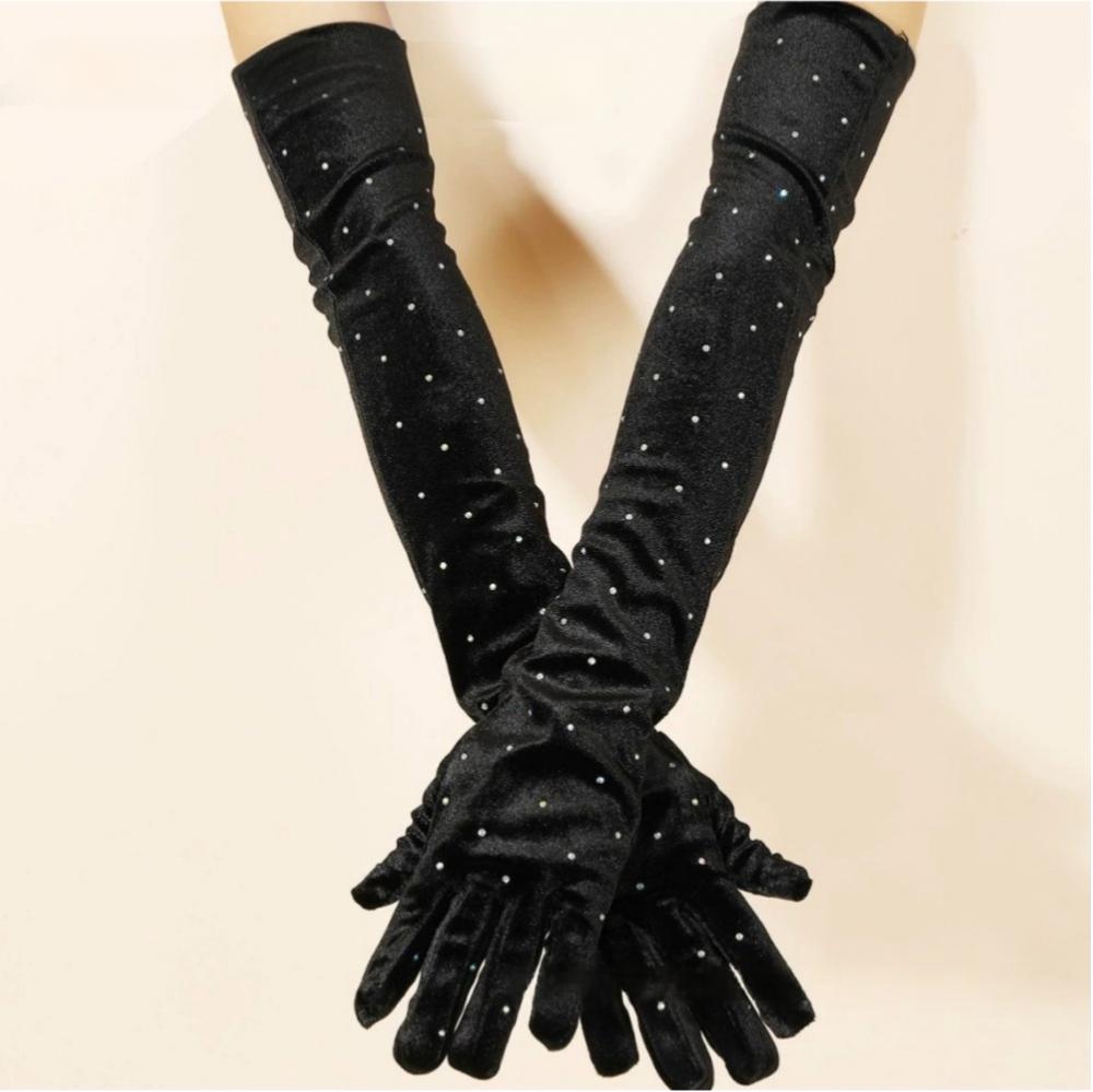 Long Velvet Gloves with Rhinestones, Winter Warm Formal Gloves for Wedding & Evening Party