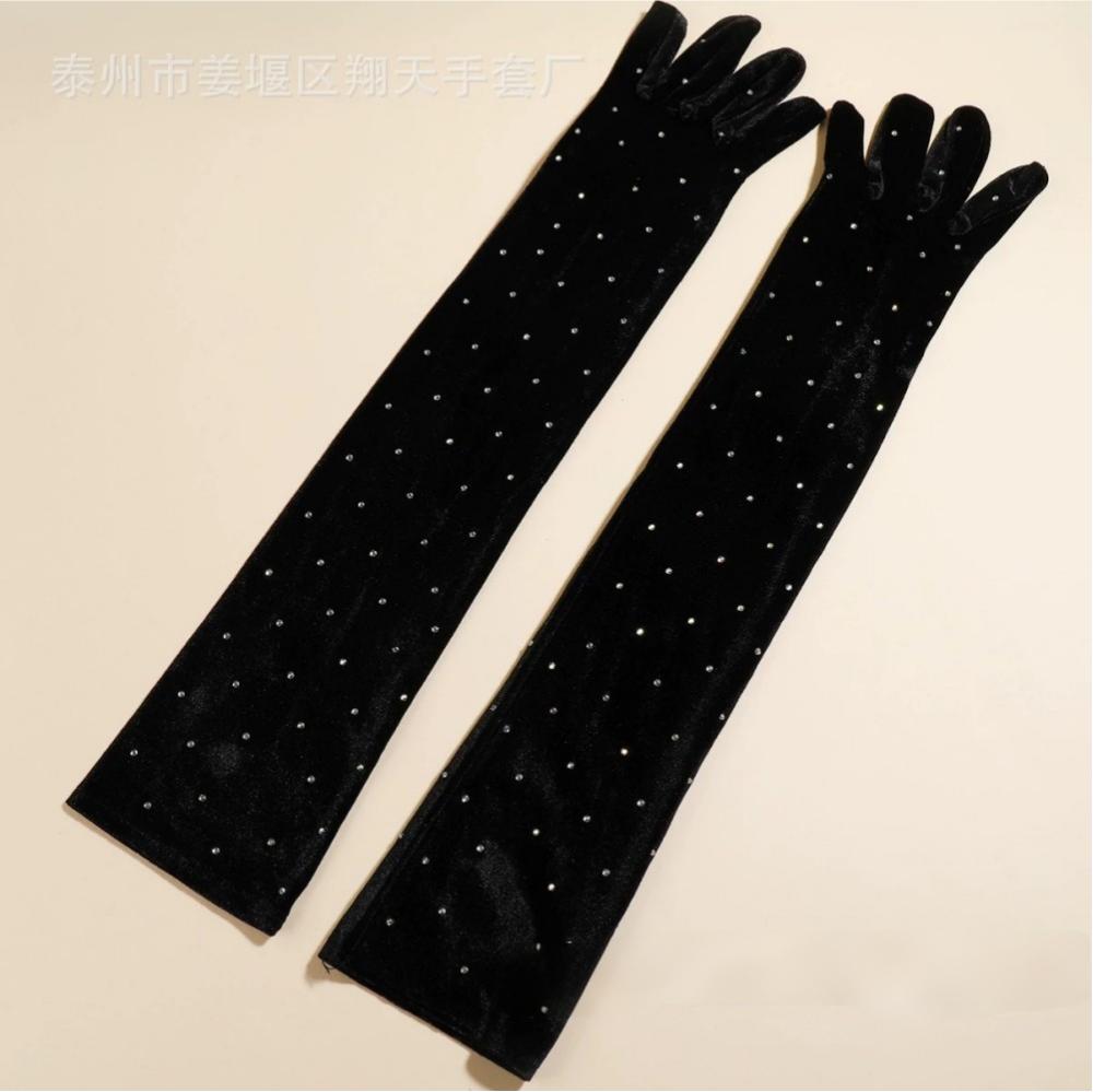 Long Velvet Gloves with Rhinestones, Winter Warm Formal Gloves for Wedding & Evening Party
