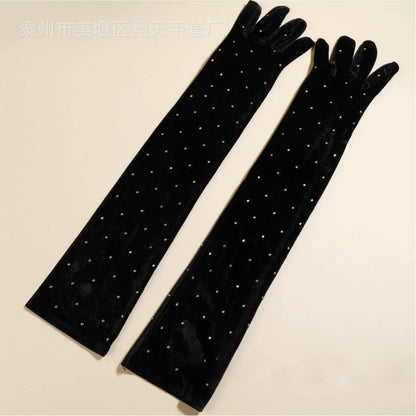 Long Velvet Gloves with Rhinestones, Winter Warm Formal Gloves for Wedding & Evening Party
