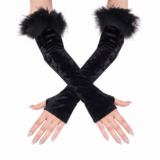 Vintage Velvet Fingerless Long Gloves with Feather, Evening Party & Dance Accessories