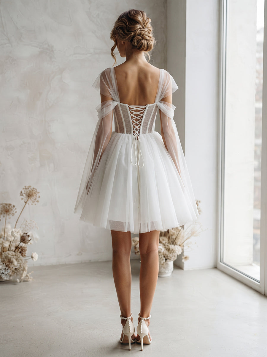 Mini A-Line Sweetheart Bridal Gowns Corset Bodice Wedding Dresses with Sash