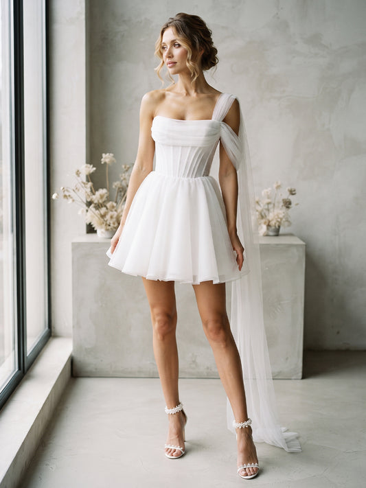 One-Shoulder Tulle A-Line Bridal Gowns Short Length Corset Bodice Wedding Dresses