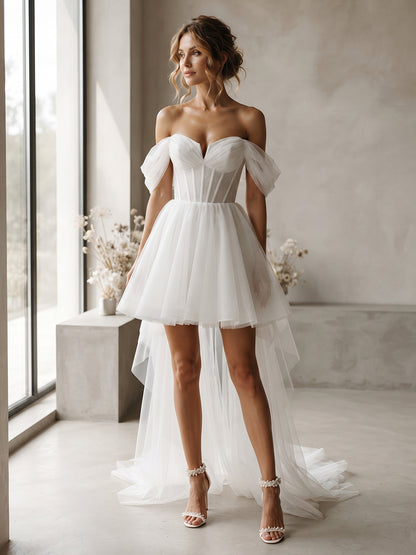 Short Tulle A-Line Off-the-Shoulder Bridal Gowns Corset Bodice Sash Wedding Dresses