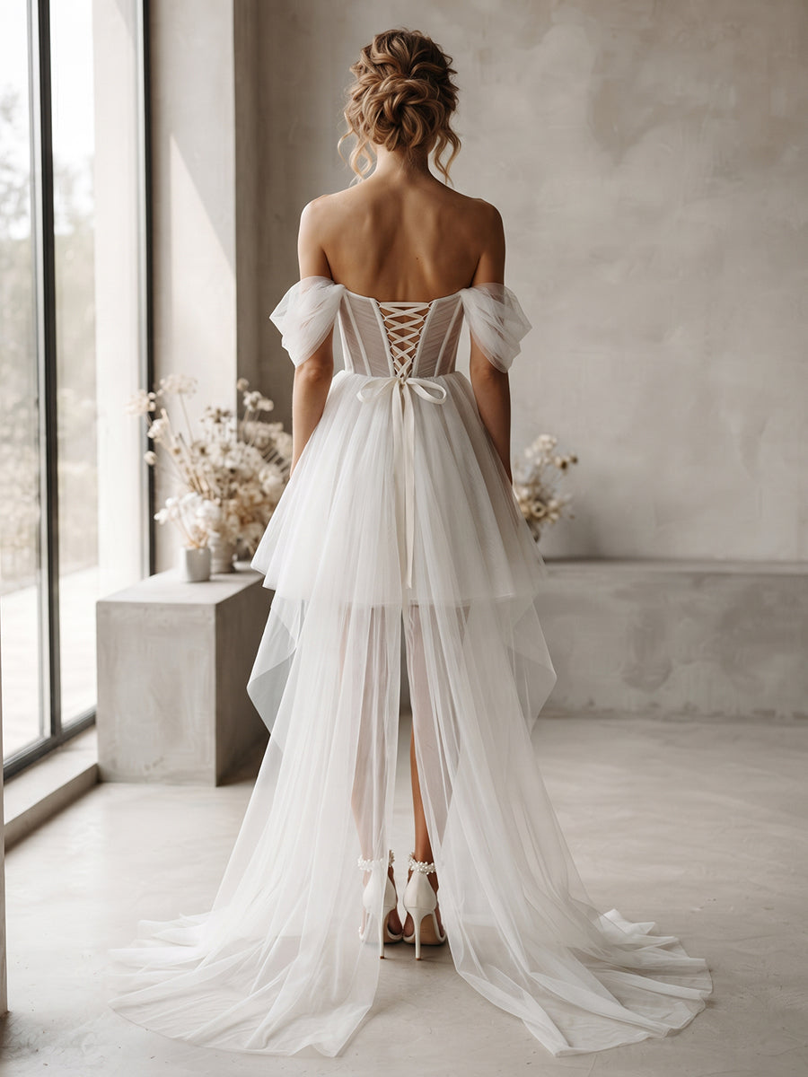 Short Tulle A-Line Off-the-Shoulder Bridal Gowns Corset Bodice Sash Wedding Dresses