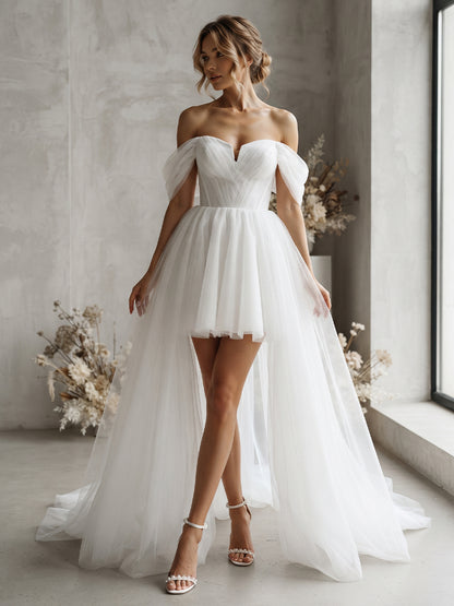 Mini Tulle A-Line Bridal Gowns with Detachable Train Corset Bodice Wedding Dresses
