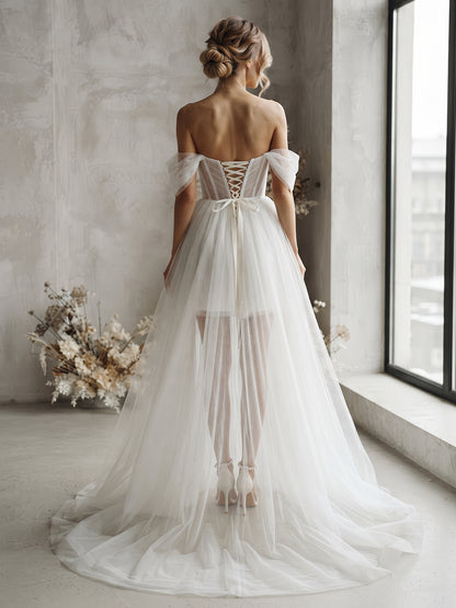 Mini Tulle A-Line Bridal Gowns with Detachable Train Corset Bodice Wedding Dresses