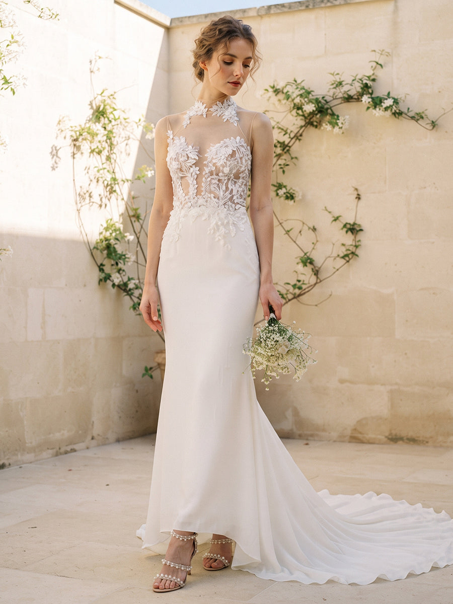 Lace Sheath High Neck Bridal Gowns Floor Length Illusion Back Wedding Dresses