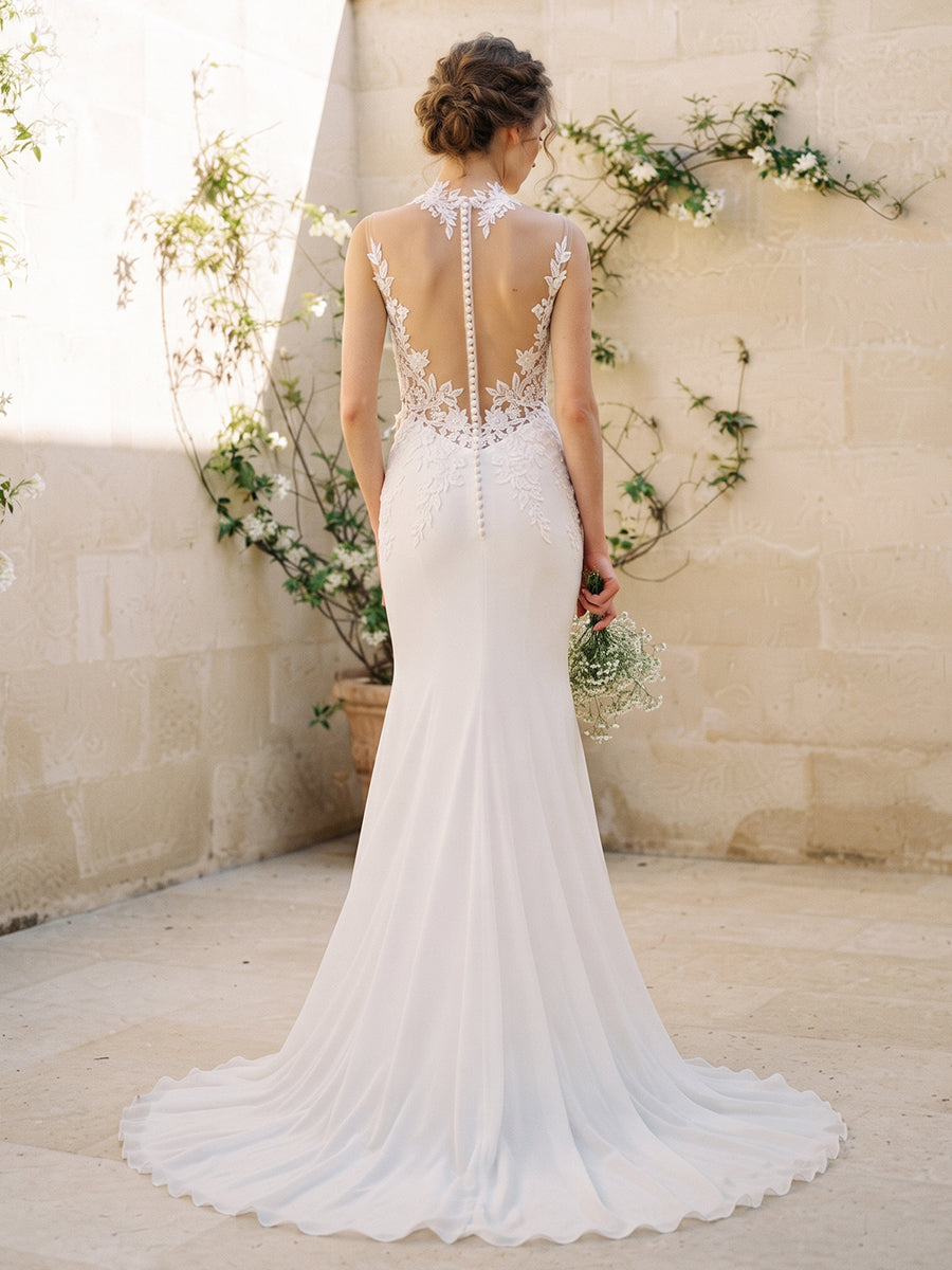 Lace Sheath High Neck Bridal Gowns Floor Length Illusion Back Wedding Dresses