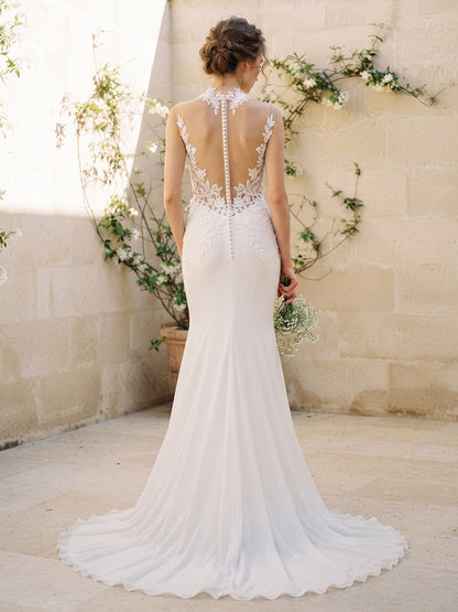 Lace Sheath High Neck Bridal Gowns Floor Length Illusion Back Wedding Dresses