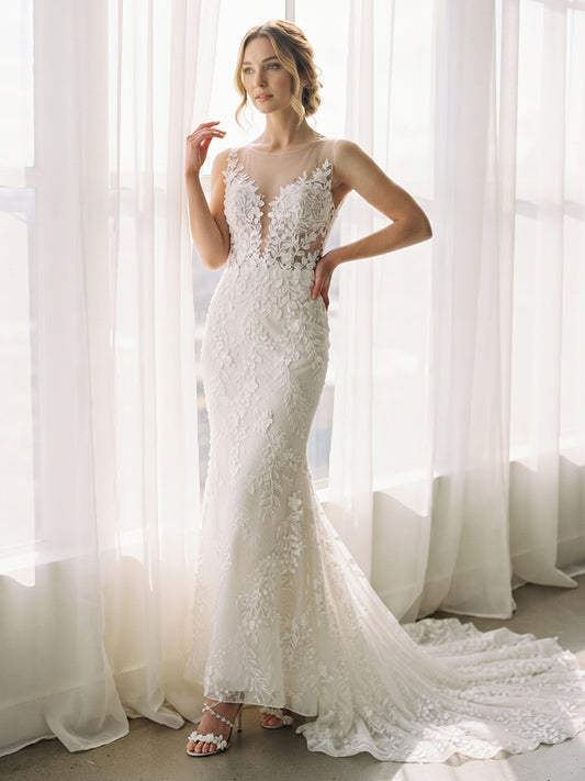 Lace Mermaid Bateau Bridal Gowns with Sweep Train Deep V Back Lace Appliques Wedding Dresses