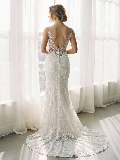 Lace Mermaid Bateau Bridal Gowns with Sweep Train Deep V Back Lace Appliques Wedding Dresses