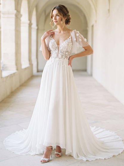 Chiffon A Line V-Neck Bridal Gowns Flutter Sleeve Wedding Dresses with Lace Appliques