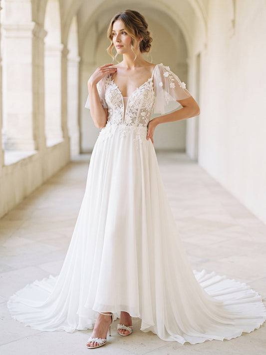 Chiffon A Line V-Neck Bridal Gowns Flutter Sleeve Wedding Dresses with Lace Appliques