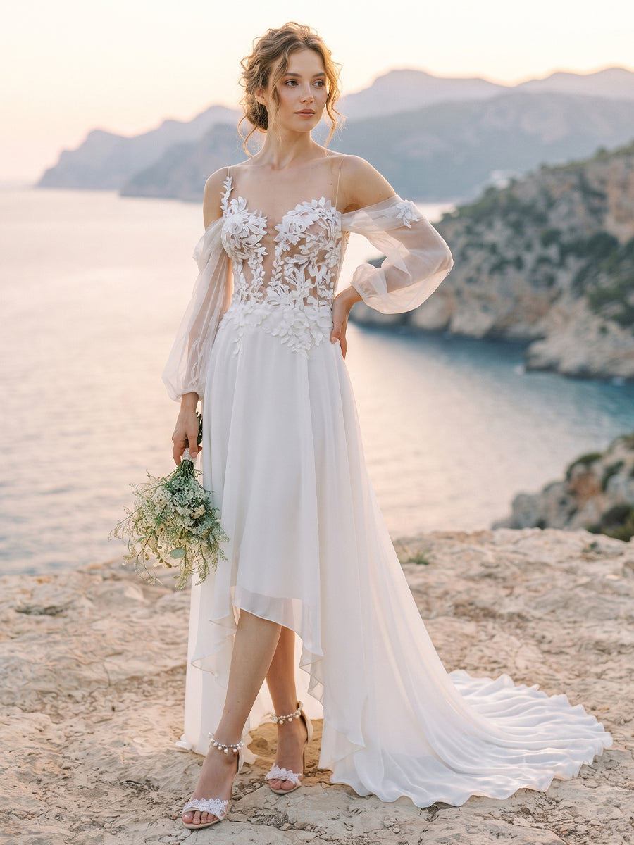 Chiffon Fit & Flare Bridal Gowns High Low Lace Appliques Wedding Dresses