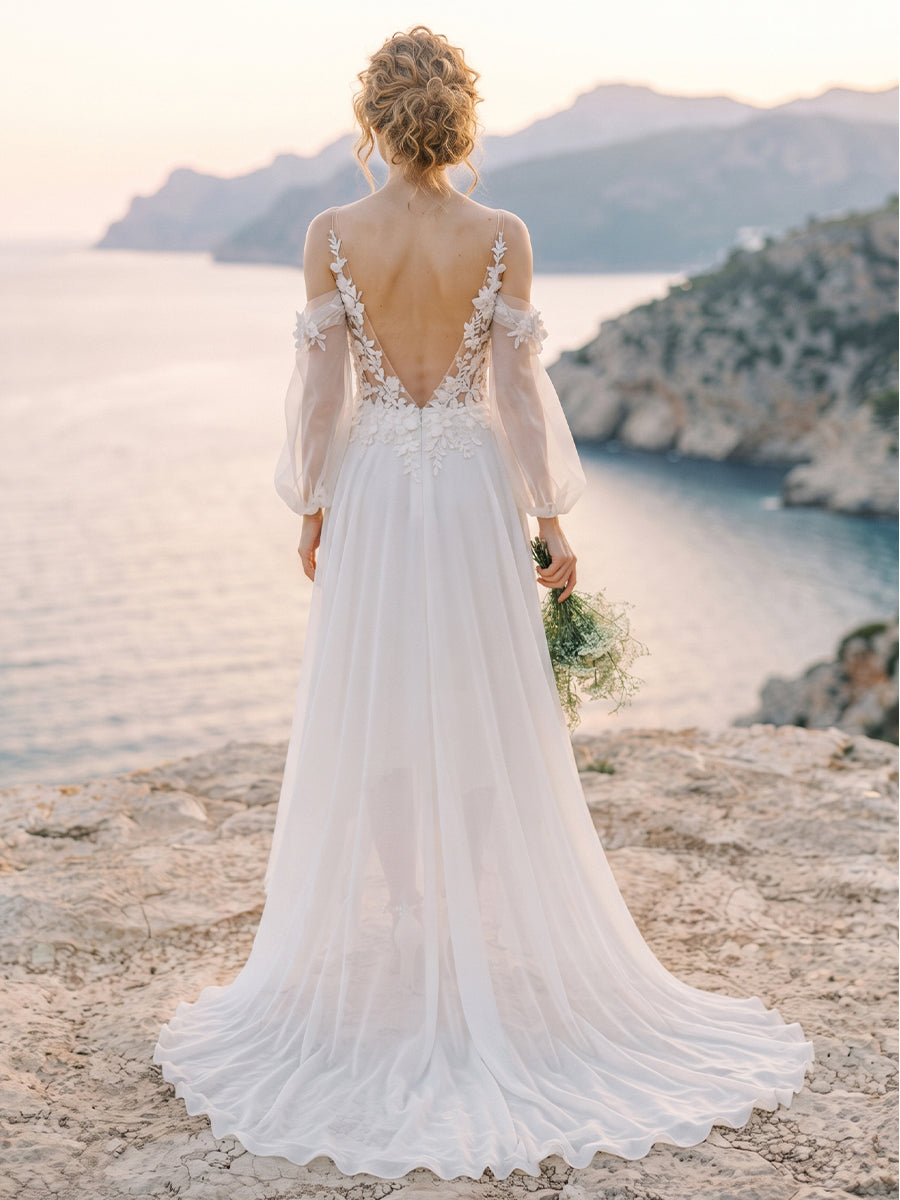 Chiffon Fit & Flare Bridal Gowns High Low Lace Appliques Wedding Dresses
