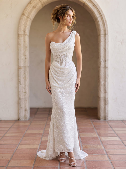 Sequin Mermaid One-Shoulder Bridal Gowns Draped Cowl Neck Wedding Dresses