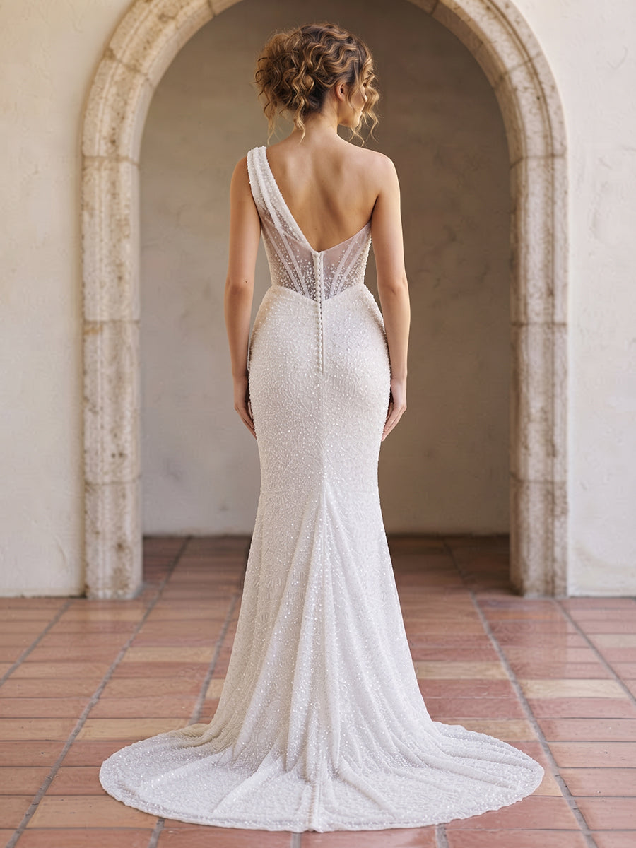 Sequin Mermaid One-Shoulder Bridal Gowns Draped Cowl Neck Wedding Dresses