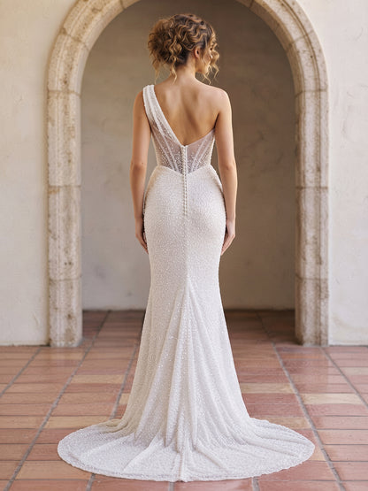 Sequin Mermaid One-Shoulder Bridal Gowns Draped Cowl Neck Wedding Dresses
