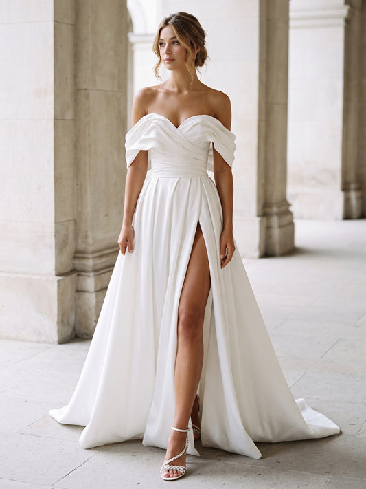 Satin A-Line Off-the-Shoulder Bridal Gowns Floor Length Ruched Wedding Dresses
