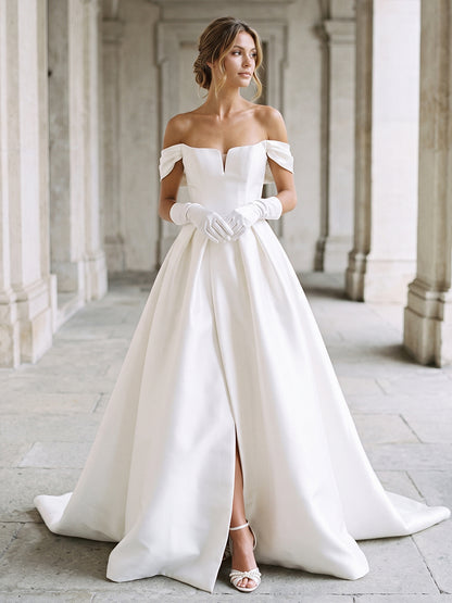 Satin Ball Gown Off-the-Shoulder Bridal Gowns Notch V Neck Wedding Dresses