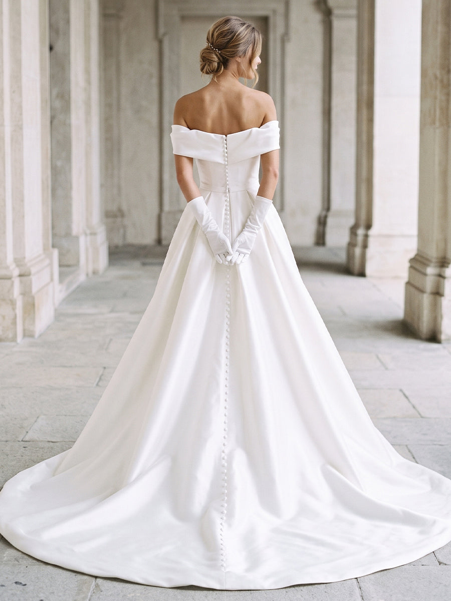 Satin Ball Gown Off-the-Shoulder Bridal Gowns Notch V Neck Wedding Dresses
