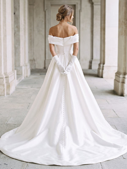 Satin Ball Gown Off-the-Shoulder Bridal Gowns Notch V Neck Wedding Dresses