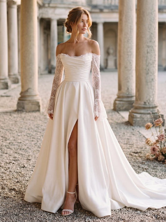 Satin A-Line Off-the-Shoulder Bridal Gowns Detachable Lace Sleeves Wedding Dresses