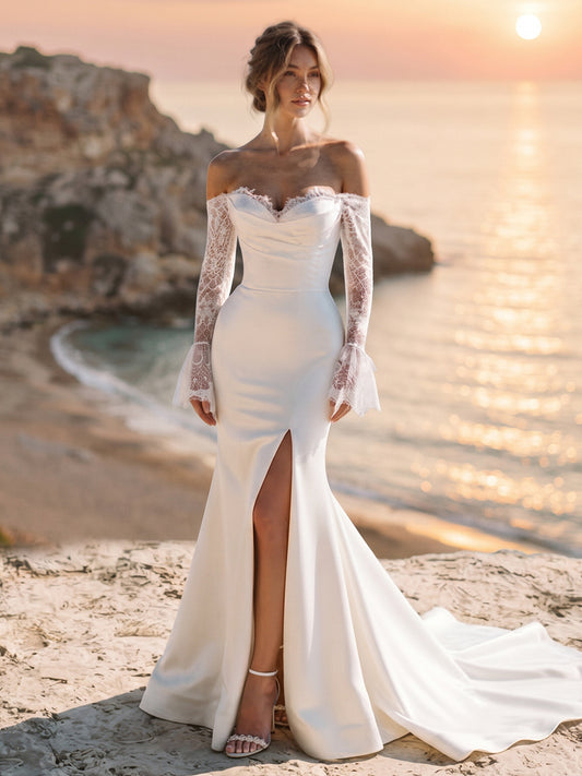 Satin Mermaid Sweetheart Bridal Gowns Detachable Lace Sleeves Wedding Dresses