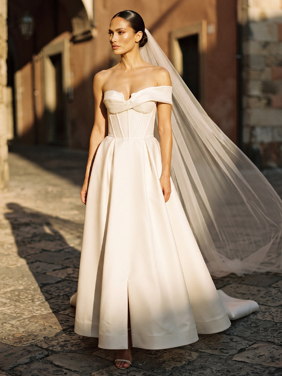 Satin A-Line Off-the-Shoulder Bridal Gowns Ankle Length Built-in Bra Wedding Dresses