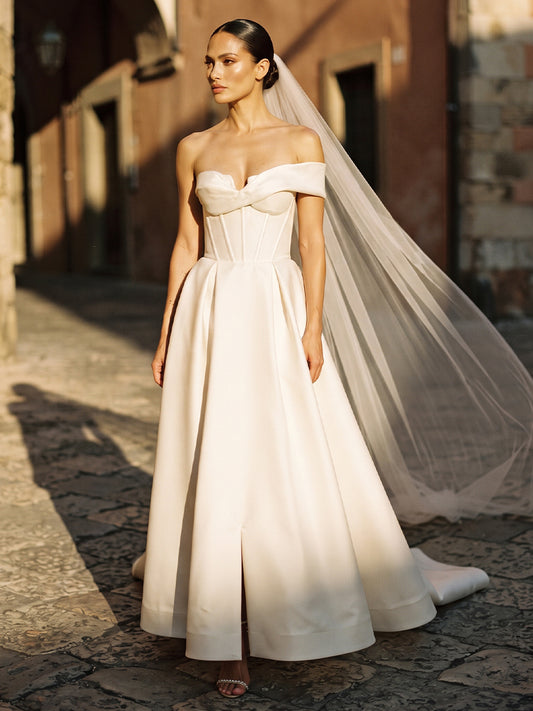Satin A-Line Off-the-Shoulder Bridal Gowns Ankle Length Built-in Bra Wedding Dresses