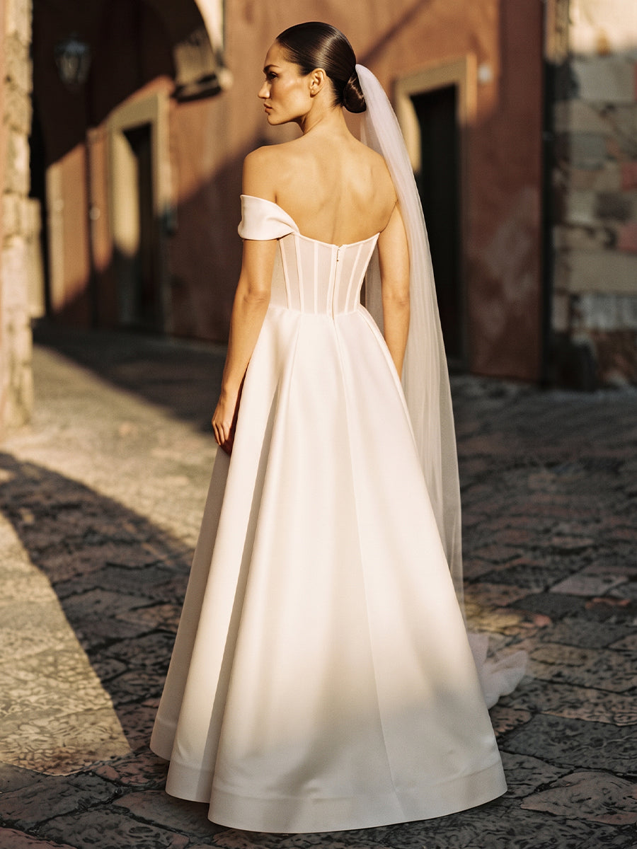 Satin A-Line Off-the-Shoulder Bridal Gowns Ankle Length Built-in Bra Wedding Dresses