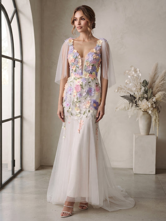 Tulle Mermaid V-Neck Bridal Gowns Colorful Floral Embroidery Wedding Dresses