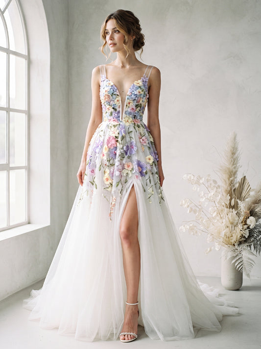 Colorful Floral A-Line Tulle Bridal Gowns Deep V-Neck Spaghetti Straps Wedding Dresses