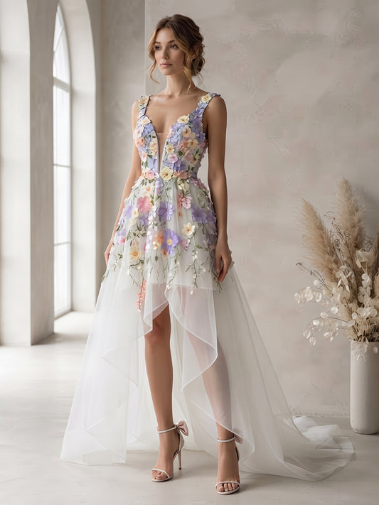Bohemian Tulle Floral Bridal Gowns 3D Floral Applique Ruffles Wedding Dresses