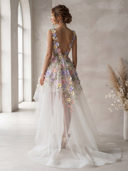 Bohemian Tulle Floral Bridal Gowns 3D Floral Applique Ruffles Wedding Dresses