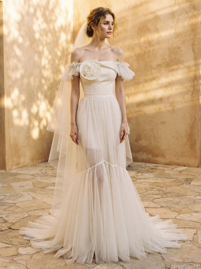 Tulle Mermaid Off-the-Shoulder Bridal Gowns Tiered Ruffles Wedding Dresses