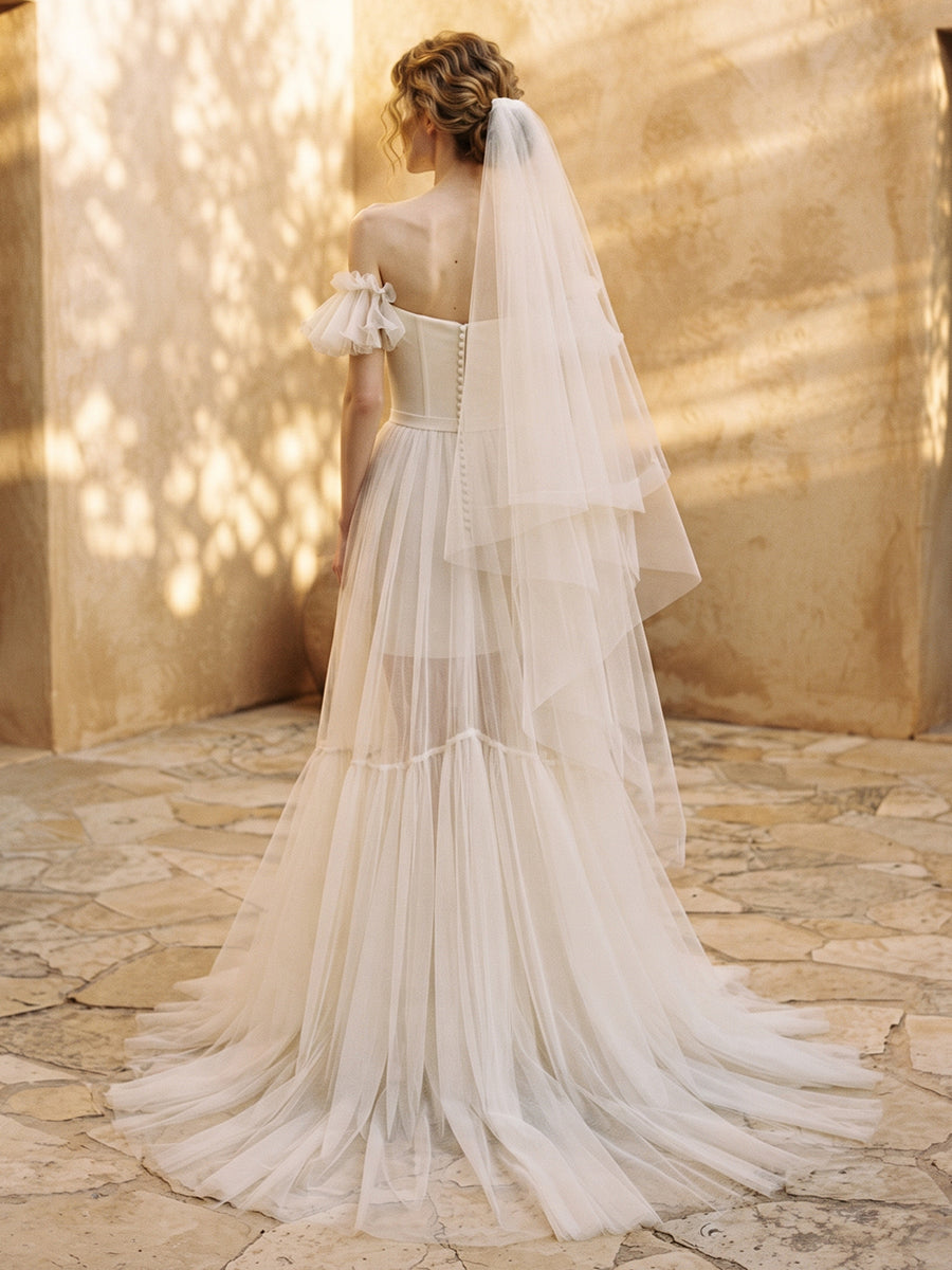 Tulle Mermaid Off-the-Shoulder Bridal Gowns Tiered Ruffles Wedding Dresses