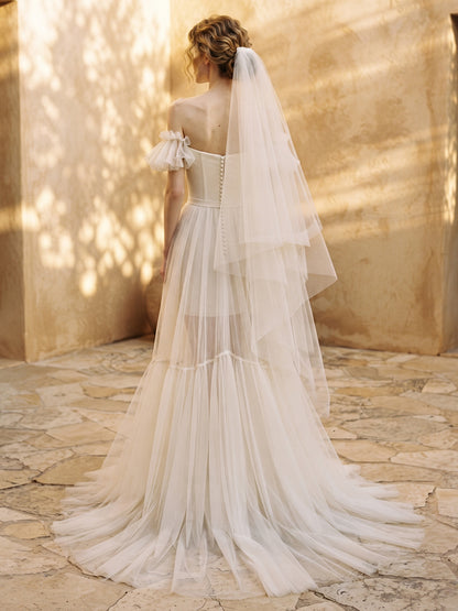Tulle Mermaid Off-the-Shoulder Bridal Gowns Tiered Ruffles Wedding Dresses