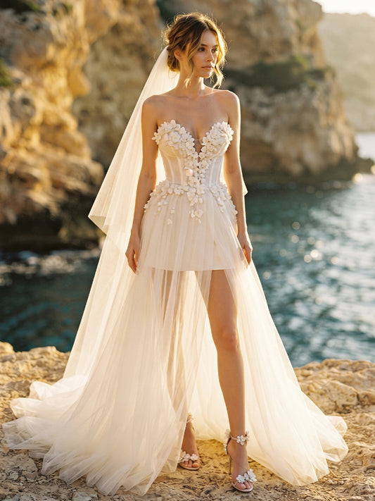 Tulle A-Line Sweetheart Bridal Gowns Corset Bodice Wedding Dresses with Detachable Train