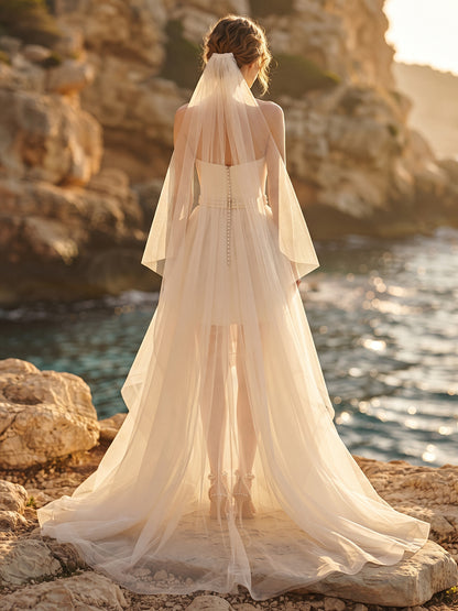 Tulle A-Line Strapless Bridal Gowns 3D Floral Applique Wedding Dresses