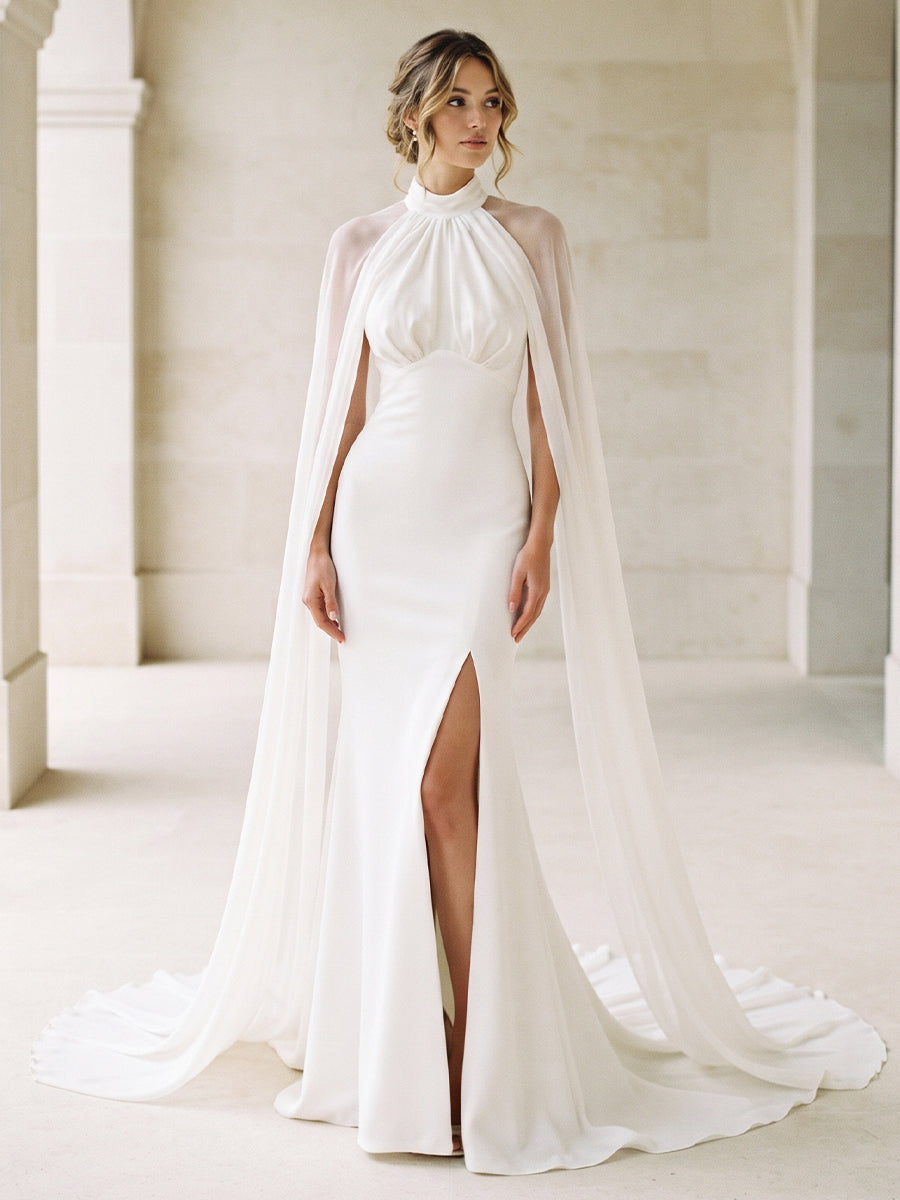 Satin Mermaid Halter Bridal Gowns Sheer Tulle Cape Wedding Dresses