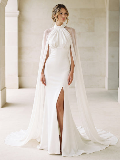 Satin Mermaid Halter Bridal Gowns Sheer Tulle Cape Wedding Dresses